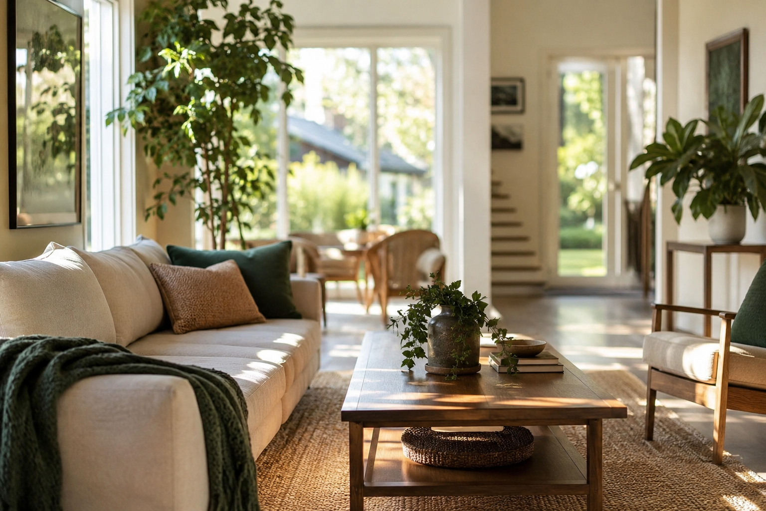 A warm, sunlit, well-kept living room with healthy green plants